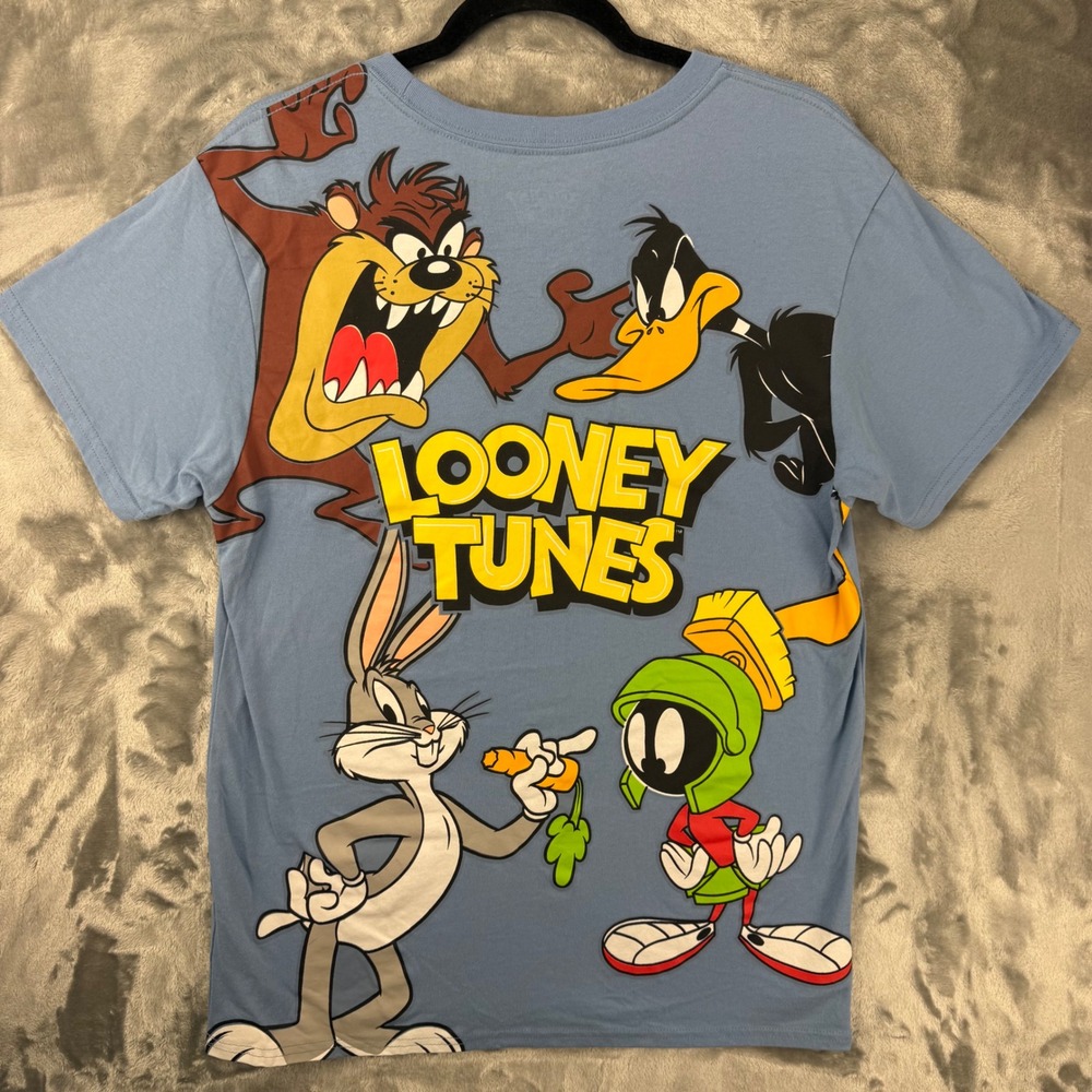 Looney Tunes Blue Graphic T-Shirt L Bugs Daffy Duck Taz Marvin 90s Embroidered